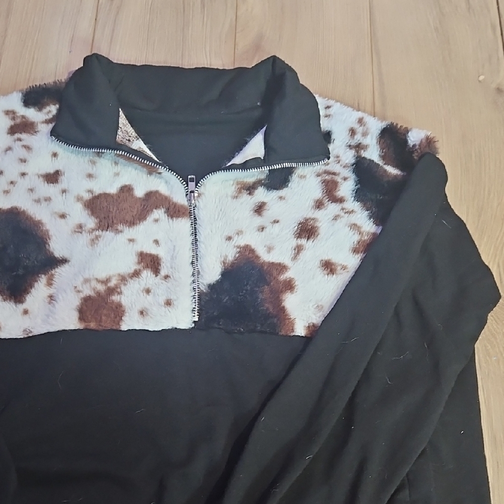Black and Brown Cow Print Quarter-Zip Pullover